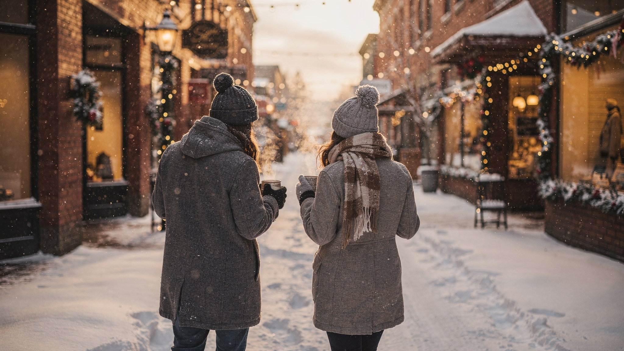 two friends walking a snowy historic downtown street holding hot chocolate mugs