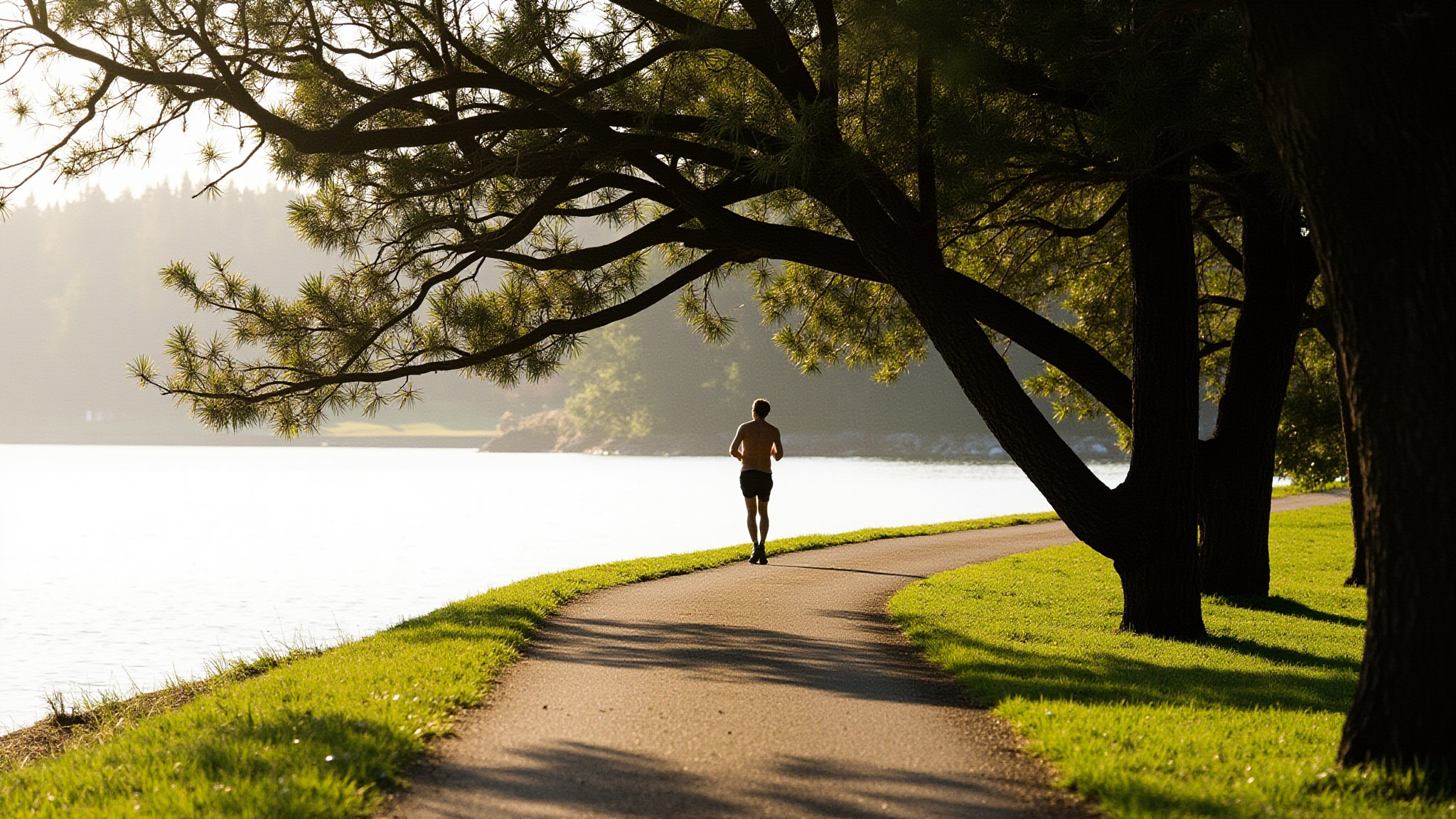 Jogger running along the paved path around Mill Lake in Abbotsford, BC