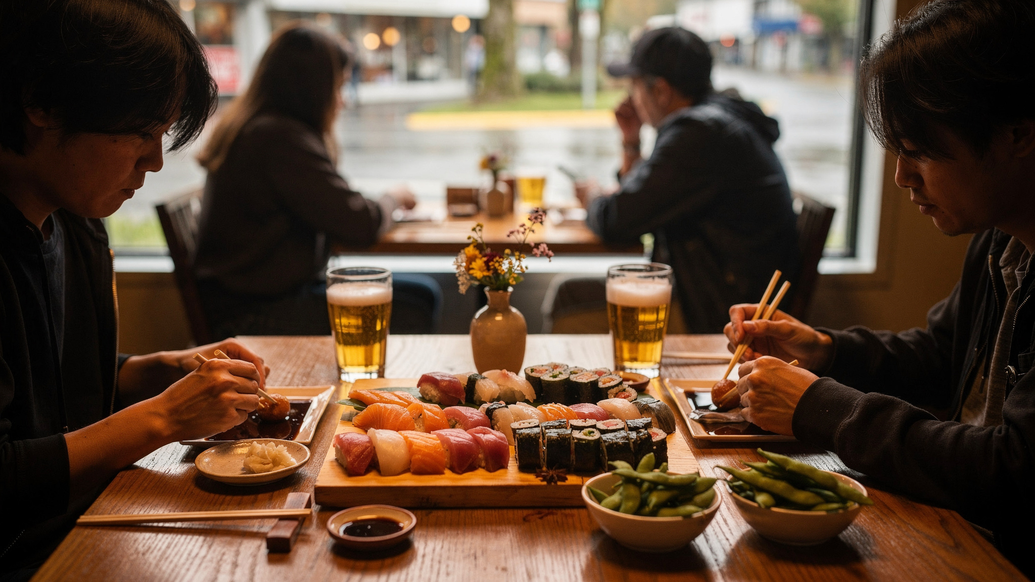 Two diners eating an assorted sushi platter at a wooden table, seen from behind, in an Abbotsford restaurant
