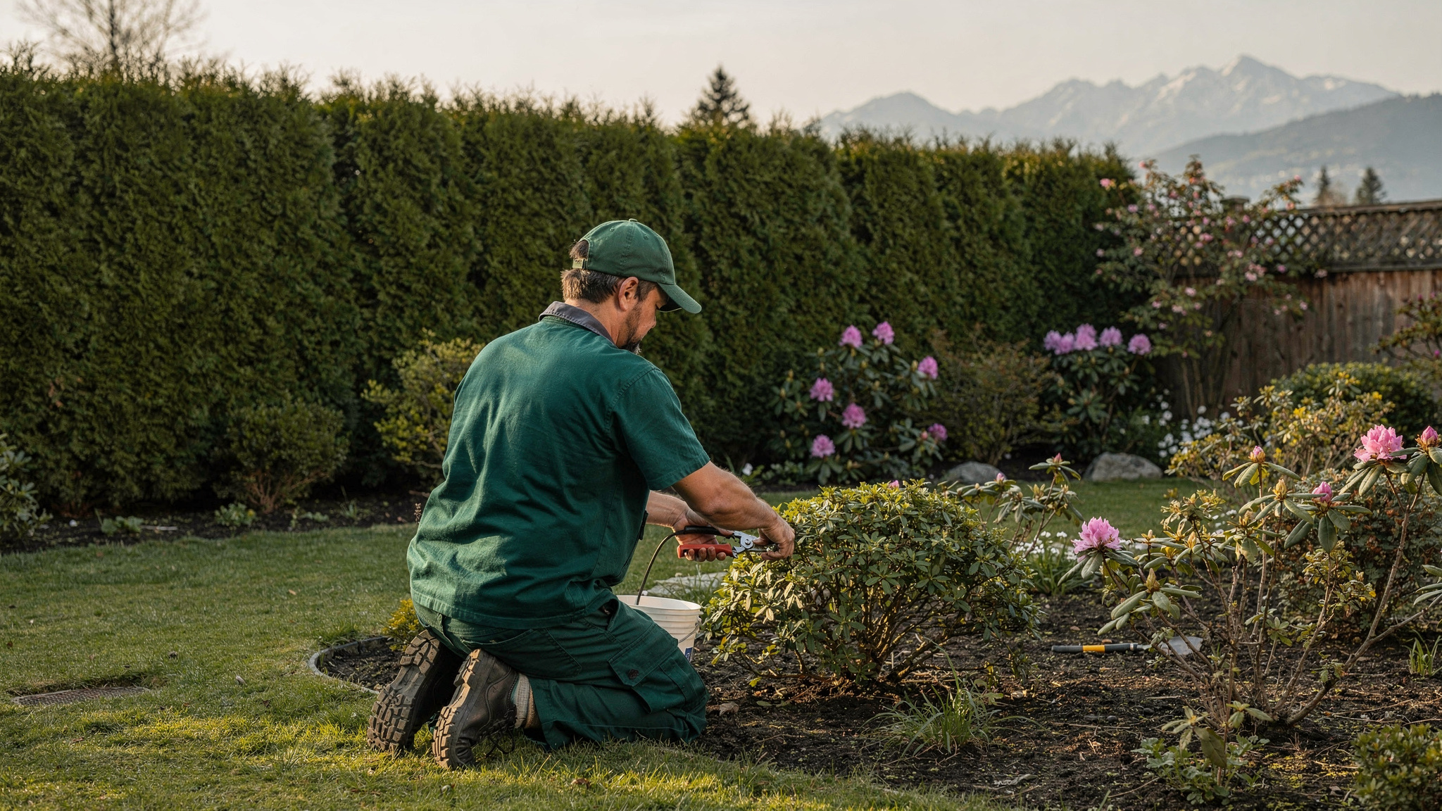 Landscaper trimming a garden bed in an Abbotsford BC backyard