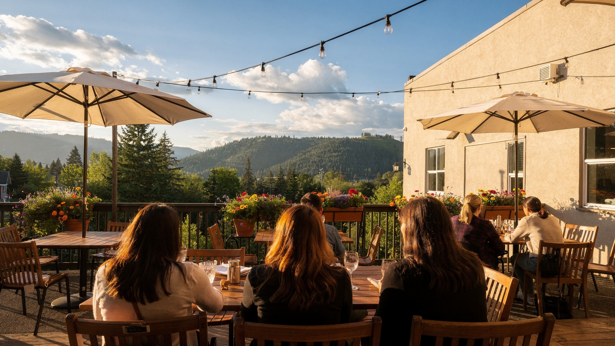 top abbotsford bc patios for sunny days v2 Top Abbotsford BC Patios for Sunny Days Sunny outdoor restaurant patio with umbrellas and string lights in Abbotsford BC