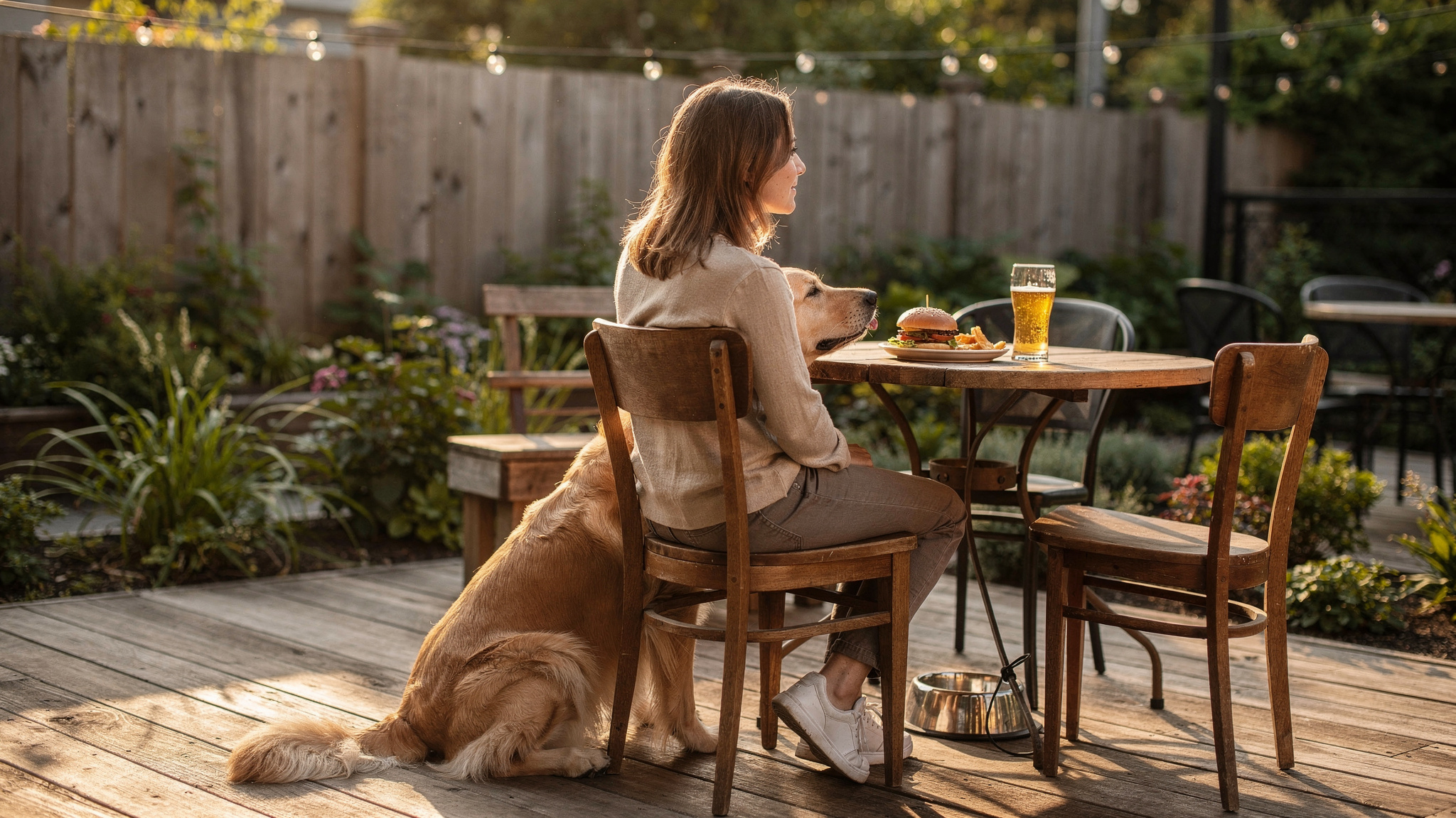 woman and golden retriever at a table on a dog friendly restaurant patio in Abbotsford BC