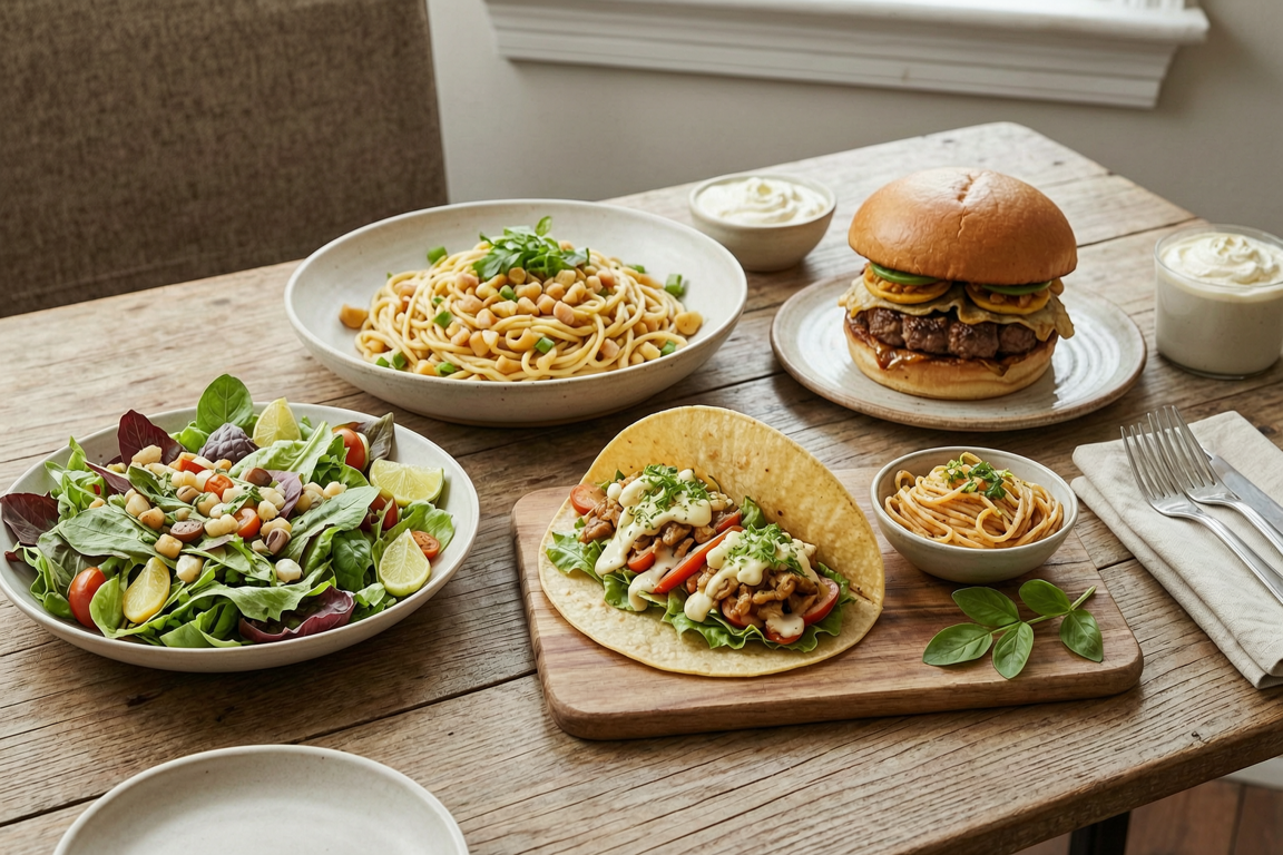 local food spread with salads tacos burger and pasta | GPS: 49.168947, -122.488444