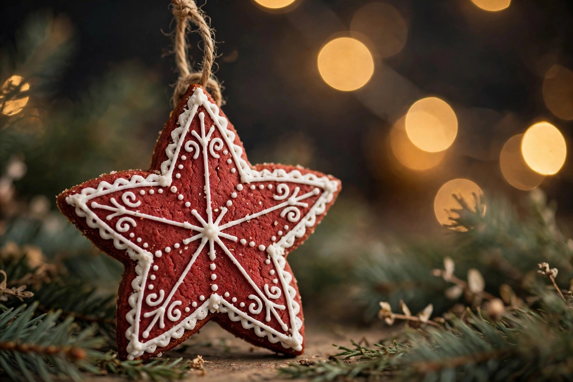 Red star Christmas cookie ornament with white icing