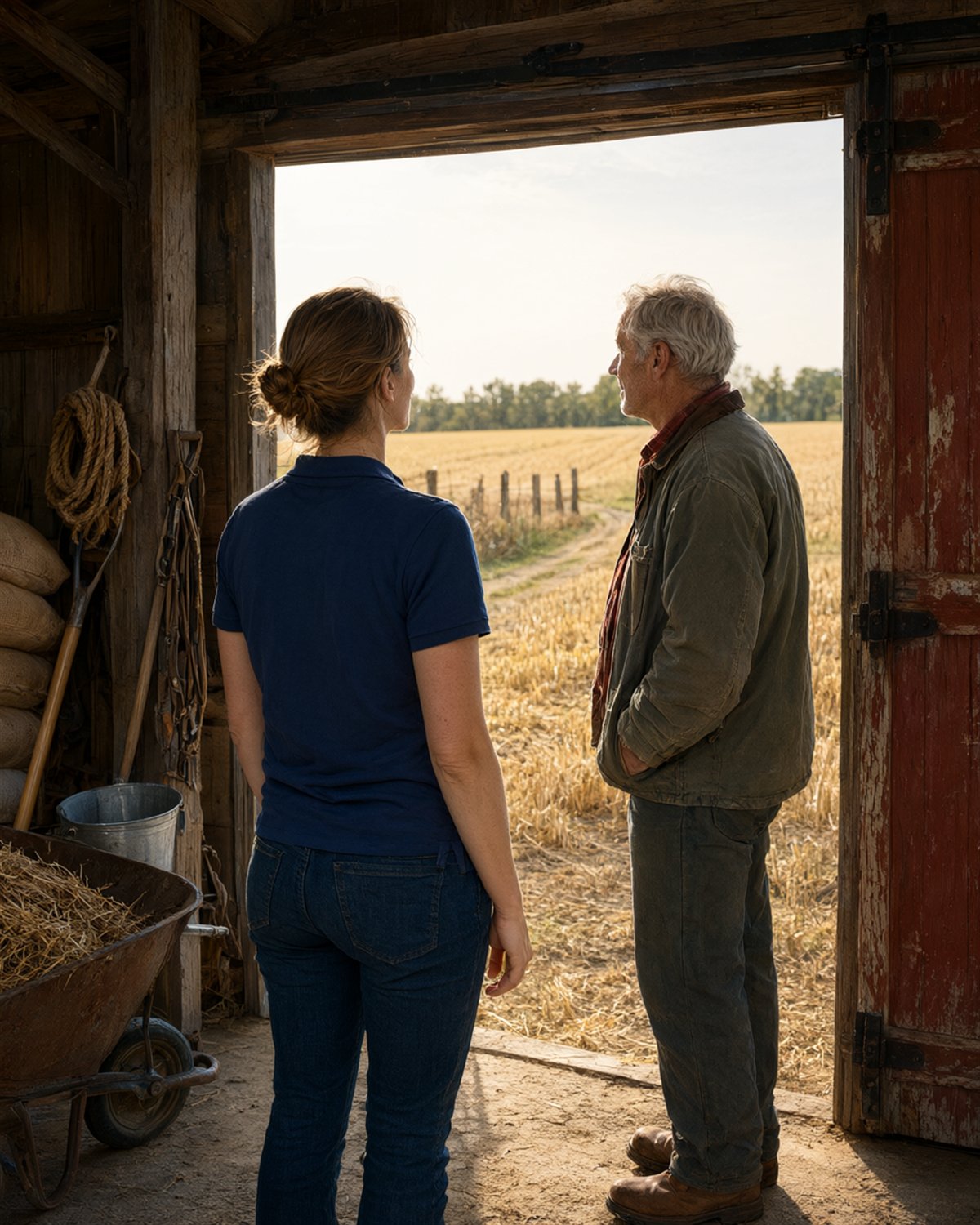 A caregiver and an older farmer standing in an open barn doorway