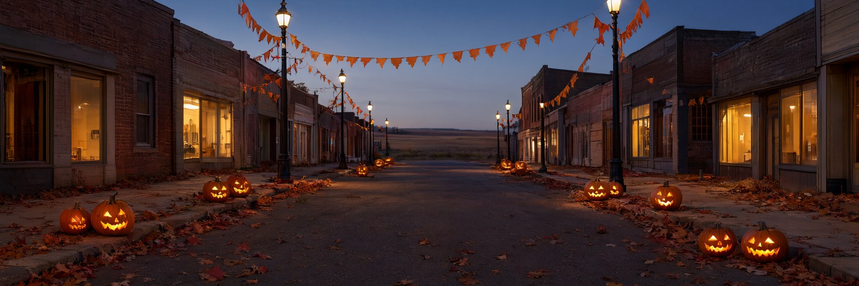 halloween abbotsford banner v3 Halloween Ideas and Events in Abbotsford, BC A main street in the Fraser Valley at dusk on October 31, strung with orange bunting, carved pumpkins along the kerb and warm light in the shop windows