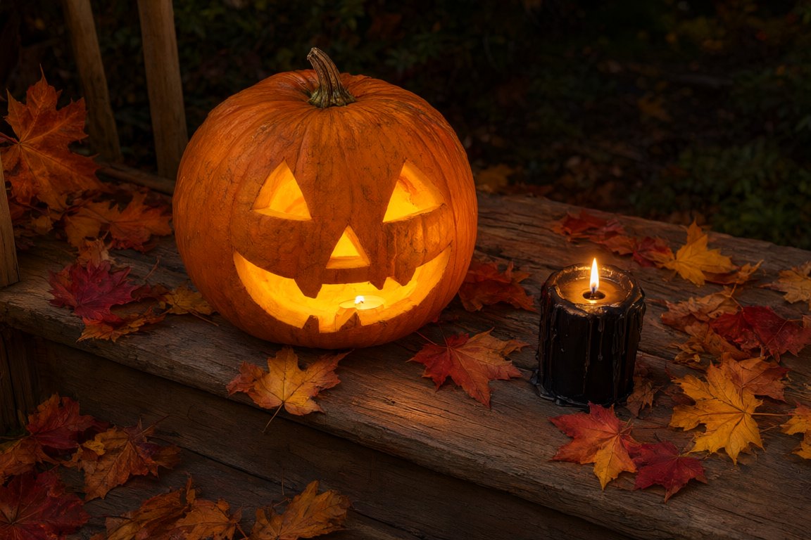 A carved pumpkin glowing on a wooden porch step at night beside a black pillar candle and autumn maple leaves