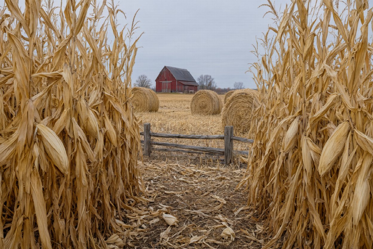 halloween abbotsford sec0 v3 Halloween Ideas and Events in Abbotsford, BC A tall corn-stalk maze wall in a farm field, dry golden stalks forming a narrow opening, with a red barn in the distance
