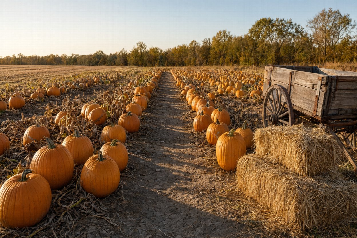 halloween abbotsford sec1 v3 Halloween Ideas and Events in Abbotsford, BC A wide pumpkin patch in late afternoon, long rows of orange pumpkins running back toward a treeline with a dirt path between the rows