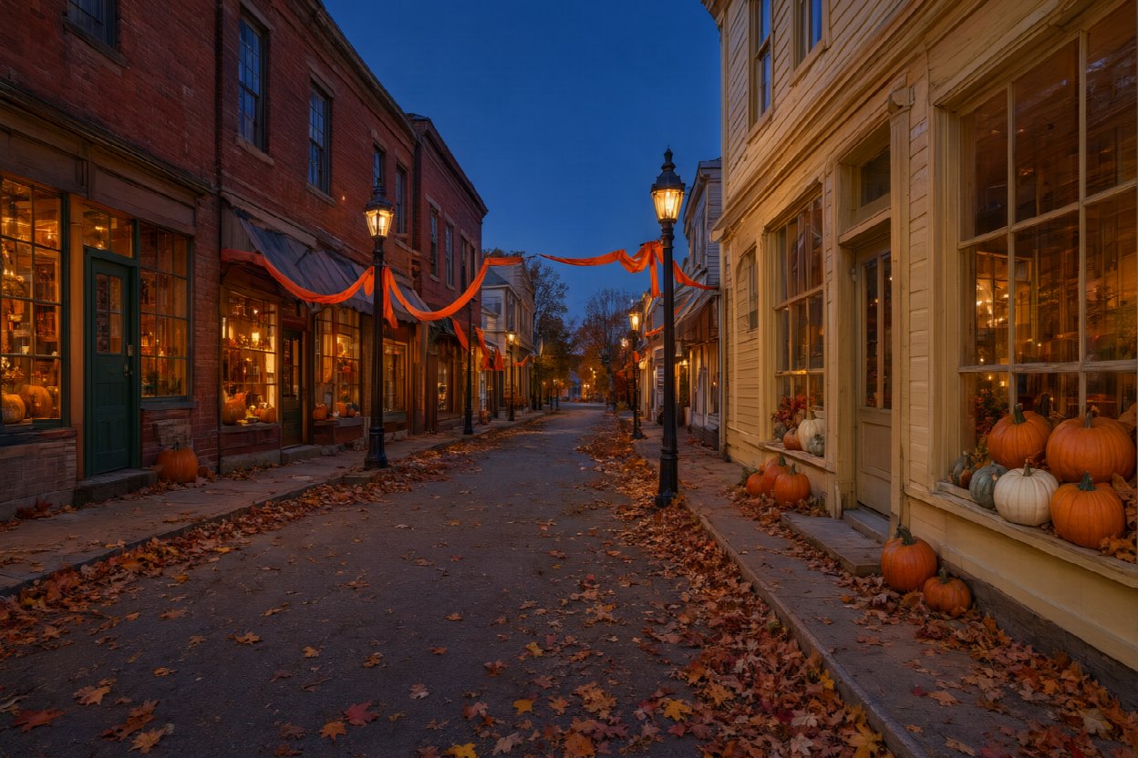 halloween abbotsford sec2 v3 Halloween Ideas and Events in Abbotsford, BC A small-town main street in early evening with decorated storefronts, warm lit windows and pumpkins on the doorsteps