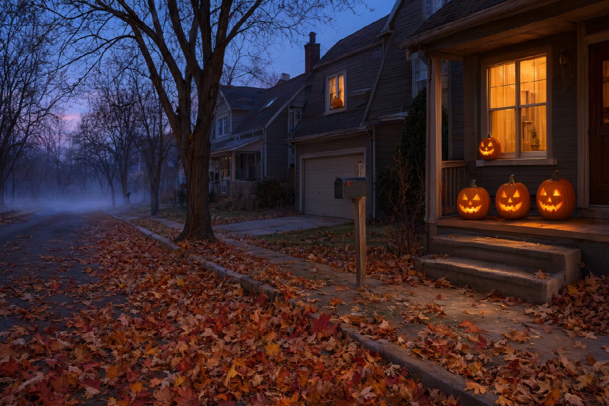halloween abbotsford sec3 v3 Halloween Ideas and Events in Abbotsford, BC A quiet residential street at dusk on October 31 with jack-o-lanterns glowing on porch steps and thick fallen leaves