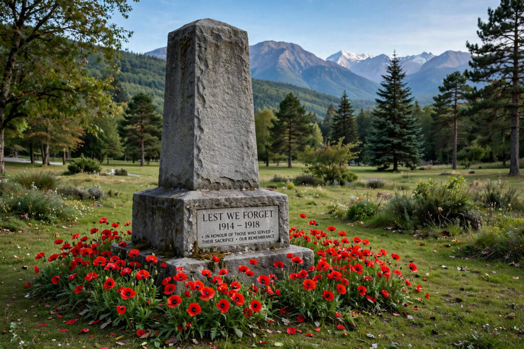 media generation abbotsford memorial mountains 0 3f42b8b0 f1b7 4e68 acfe f616c2decd41 Remembrance Day in Abbotsford 2026: Thunderbird Memorial Square Ceremony A stone memorial with red poppies at its base in a park, mountains in the distance, no people