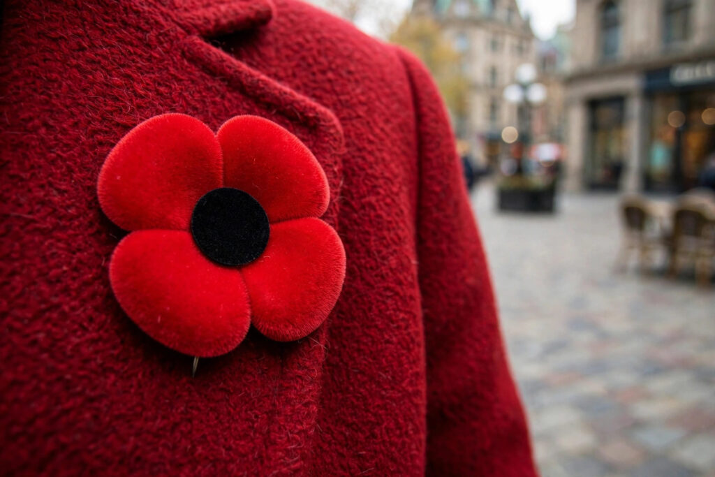 media generation abbotsford poppy red coat 0 fd427c3b a2c6 489f 9bcb 8043383b9252 Remembrance Day in Abbotsford 2026: Thunderbird Memorial Square Ceremony A Canadian Legion poppy pin on a red wool coat, four red flocked petals, flat black centre, no leaf, a city square blurred behind