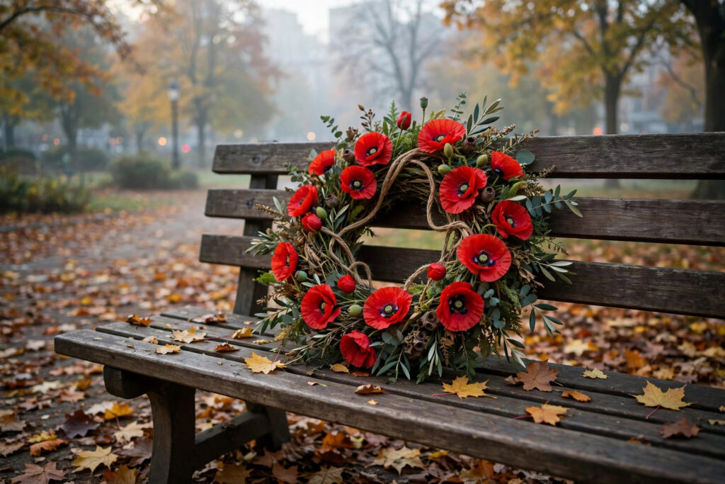 media generation abbotsford wreath bench dawn 0 ad4c4d61 105d 491c a506 8eb0c04dd31a Remembrance Day in Abbotsford 2026: Thunderbird Memorial Square Ceremony A red poppy wreath on a wooden bench in a city park at dawn, autumn leaves, no people