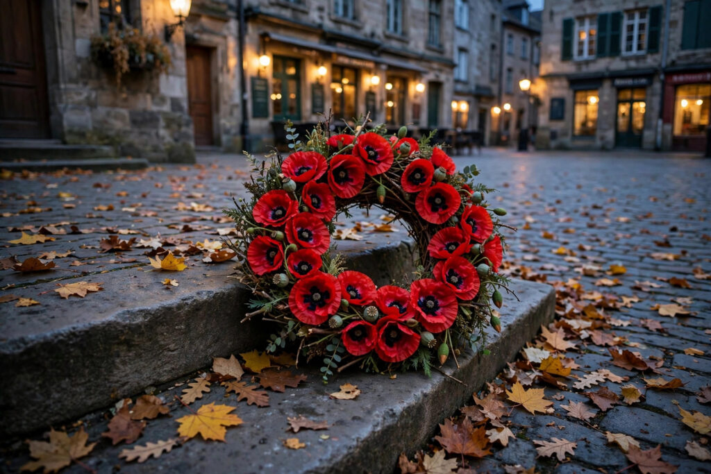 media generation abbotsford wreath dusk 0 2c753c29 350a 4213 a77d aab297f7ff98 Remembrance Day in Abbotsford 2026: Thunderbird Memorial Square Ceremony A red poppy wreath on a stone step in a city square at dusk, autumn leaves scattered, no people