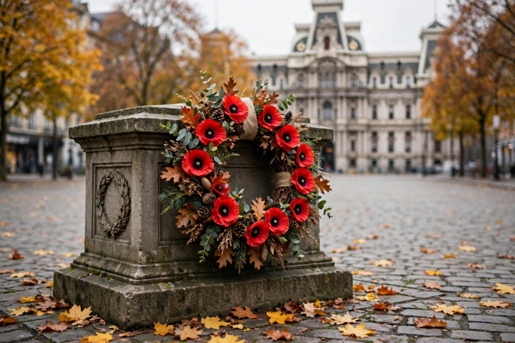 A red poppy wreath on a stone memorial in a city square with autumn trees and a city hall blurred behind, no people